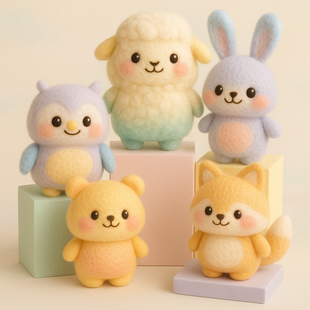 Handcrafted natural wool plush toys from The Originals collection by Woobbi, featuring Bomo the Bear, Filo the Fox, Kiki the Bunny, Luma the Sheep, and Bluebbi the Blueberry, displayed together in soft eco-friendly colors.