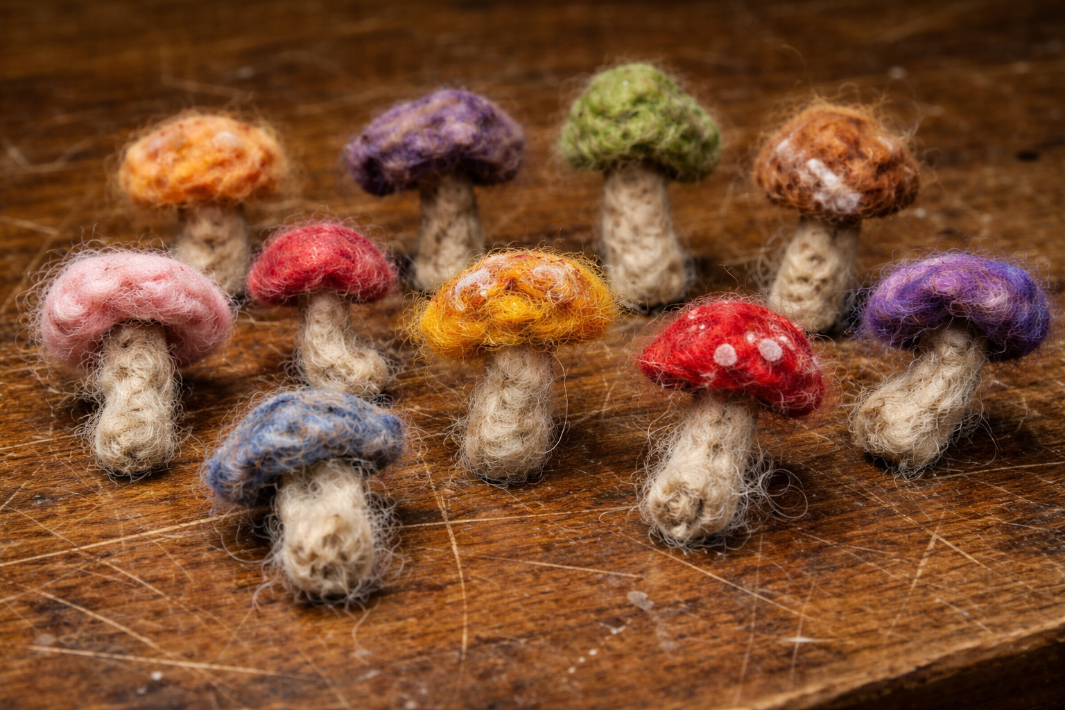 Beginner-made needle-felted wool mushrooms with uneven shapes, rough textures, loose fibers, and inconsistent sizes, showing early-stage felting skills on a wooden surface.