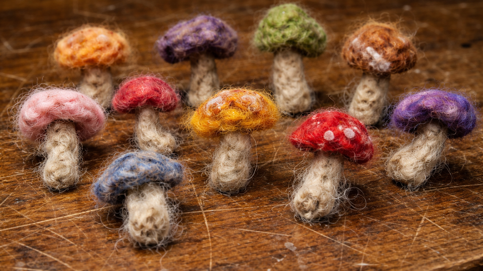 Beginner-made needle-felted wool mushrooms with uneven shapes, rough textures, loose fibers, and inconsistent sizes, showing early-stage felting skills on a wooden surface.