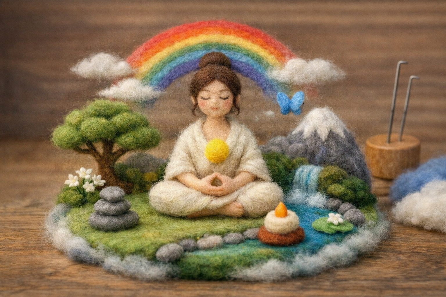 Needle-felted wool art scene of a meditating woman sitting on grass, surrounded by a rainbow, trees, mountains, water, and clouds.