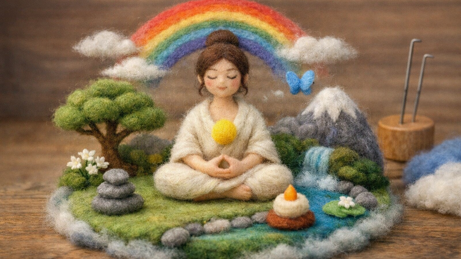 Needle-felted wool art scene of a meditating woman sitting on grass, surrounded by a rainbow, trees, mountains, water, and clouds.