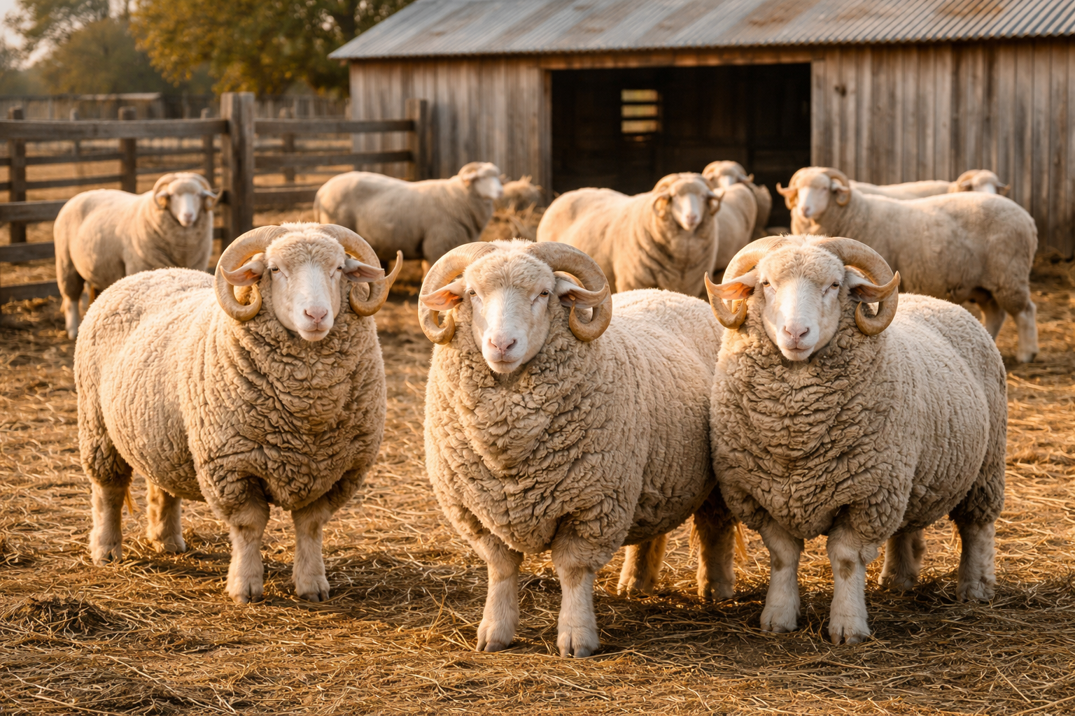Group of wool sheep standing in a farmyard near a wooden barn, showing thick fleece and curled horns.