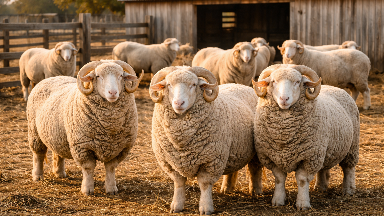 Group of wool sheep standing in a farmyard near a wooden barn, showing thick fleece and curled horns.