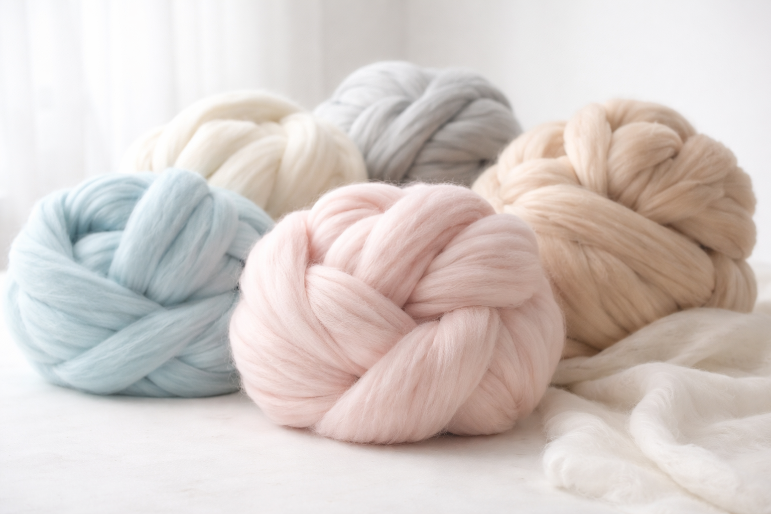 Soft roving wool bundles in pastel colors arranged on a light surface, showing natural wool fibers for felting.