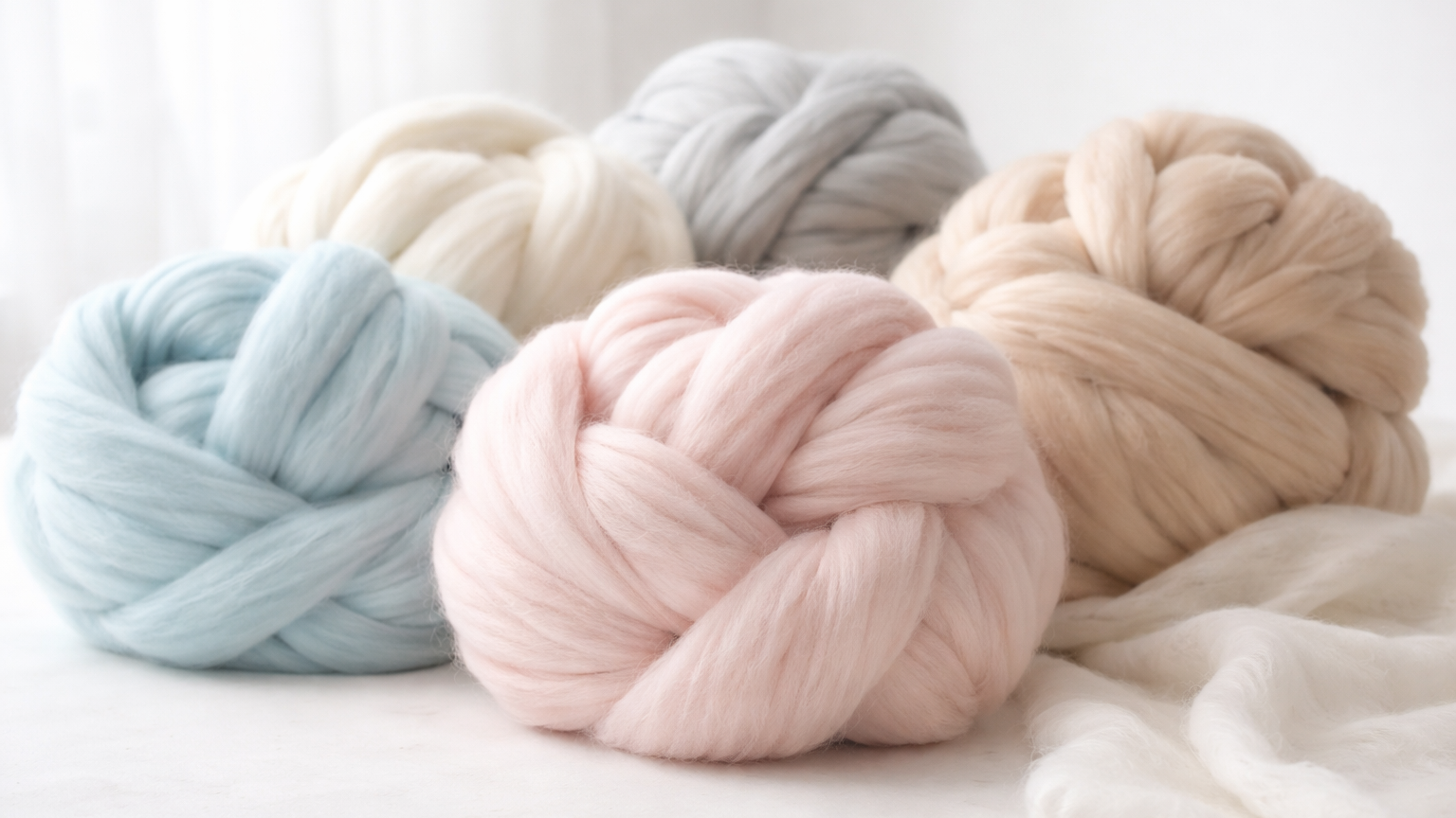 Soft roving wool bundles in pastel colors arranged on a light surface, showing natural wool fibers for felting.