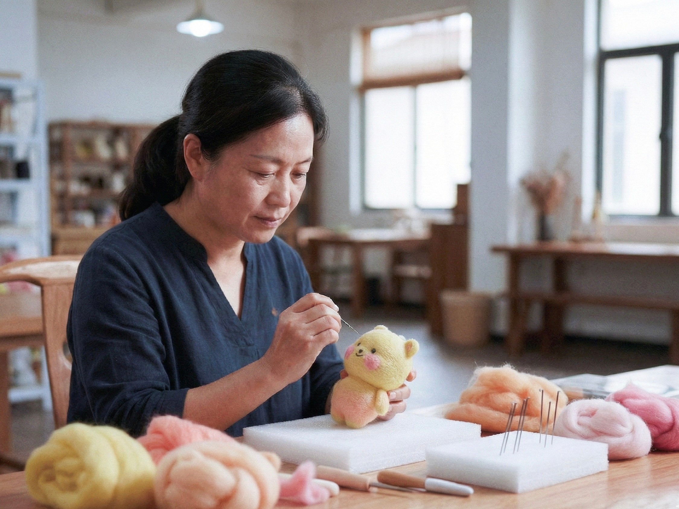 Female wool sculpture artisan working on a Woobbi