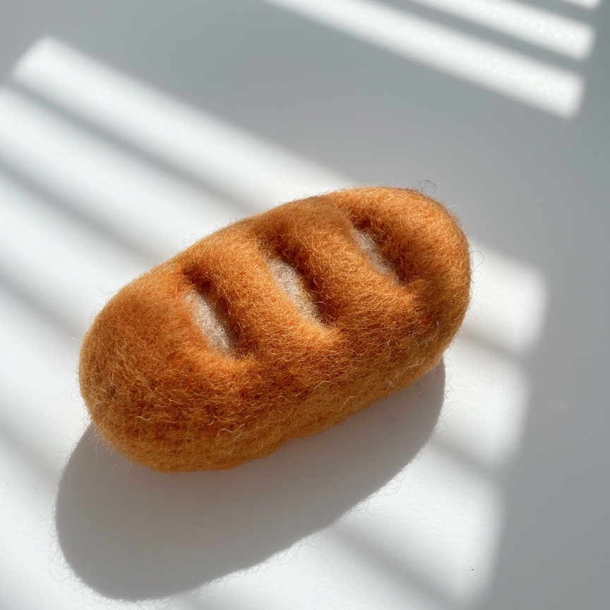 Small handmade baguette wool magnet with soft felted texture and warm tones