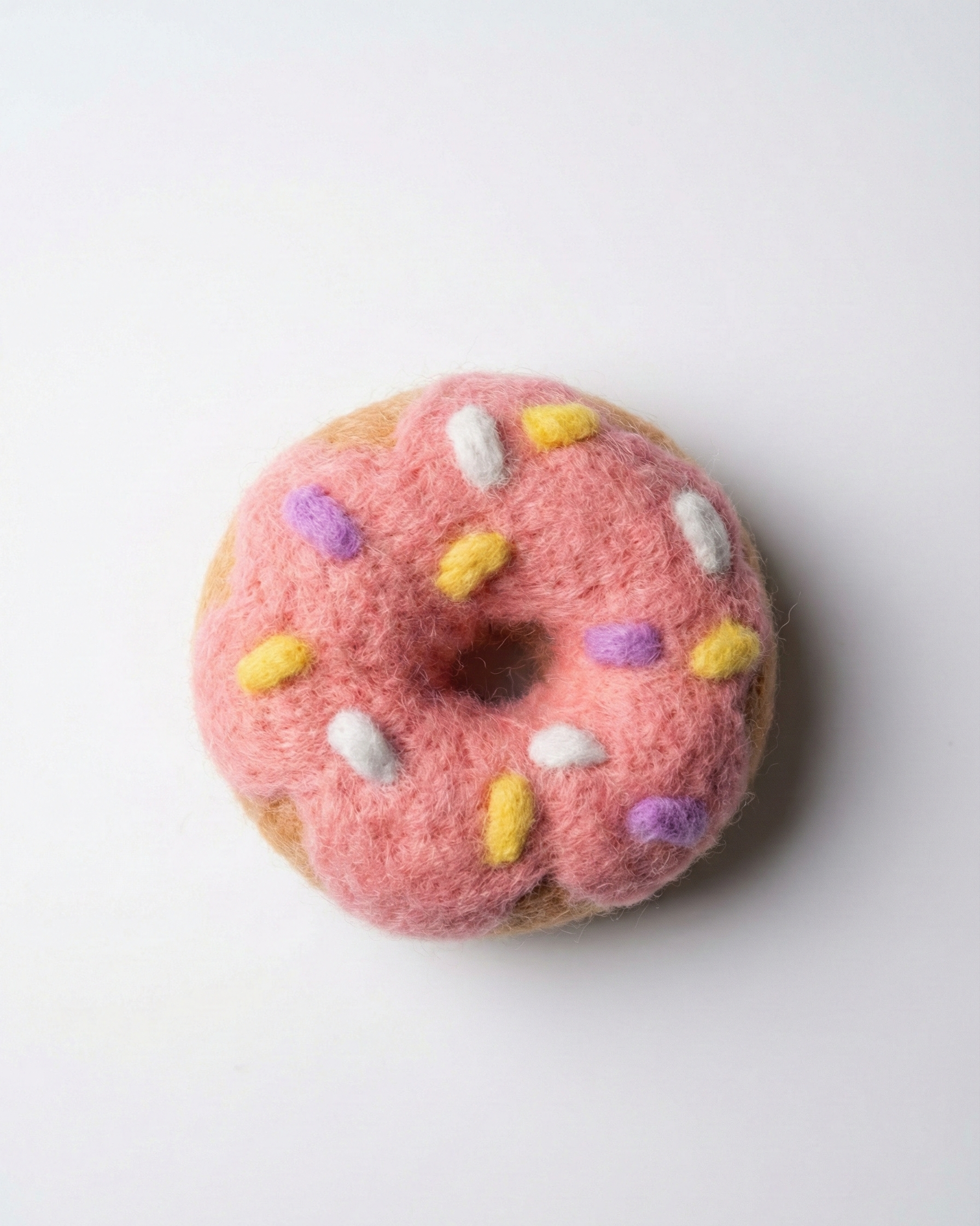 Handmade needle felted donut magnet in the white background.