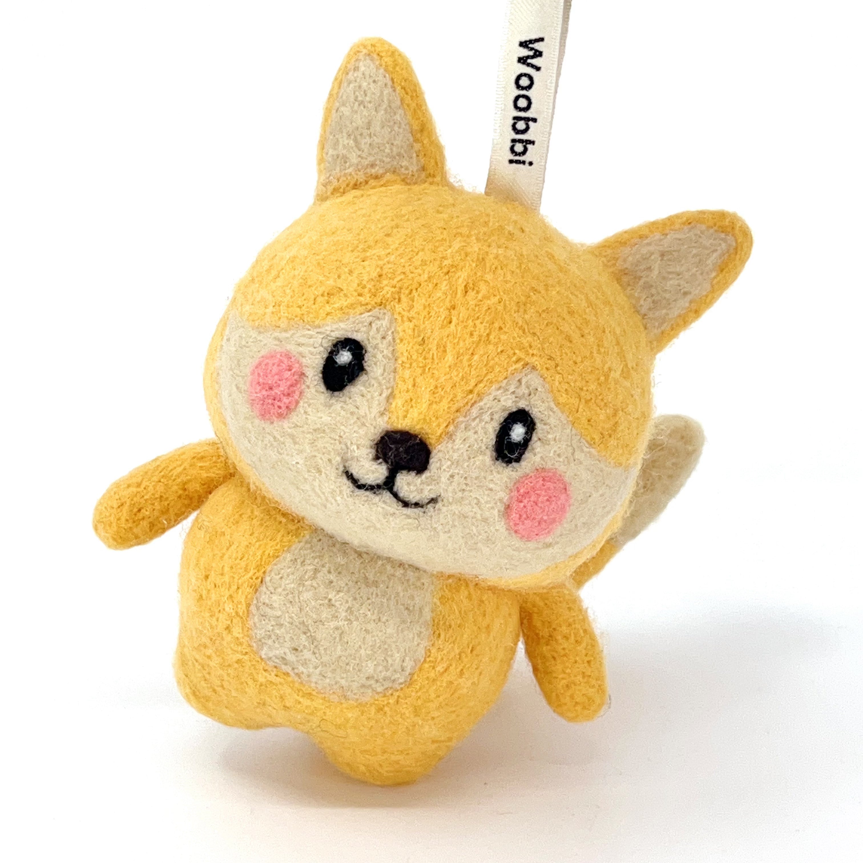 Yellow needle felted fox bag charm front view with white background