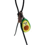 Studio product shot of needle-felted avocado bag charm with red leather cord and brown Woobbi brand tag, isolated on a white background.