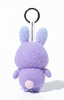 Back view of a handmade Woobbi bunny keychain, made from purple bubbly wool felt. It features a small tag that says 'Designed with ❤️ in Austin' and a round black metal keyring. The sheep has long blue ears and a tiny white tail. It is set against a plain white background.