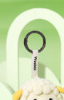Close-up of durable black metal keychain ring and white woven Woobbi brand tag attached to a handcrafted wool sheep charm.