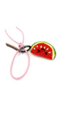 Cute winking watermelon wool bag charm with pastel pink leather strap and logo tag, displayed on a clean white background.