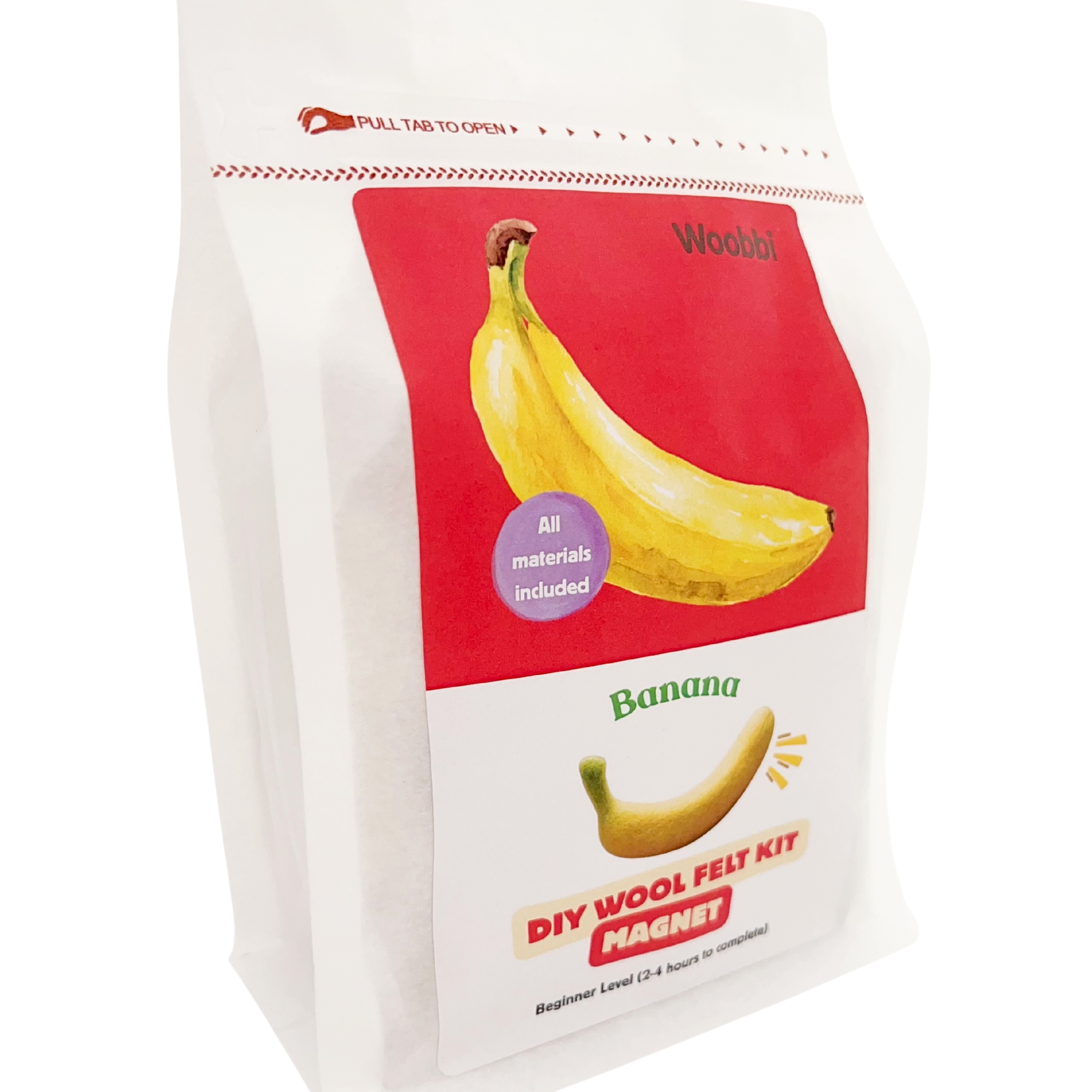 banana needle felting DIY wool kit by Woobbi with Australian merino wool roving and magnet project inside resealable pouch packaging
