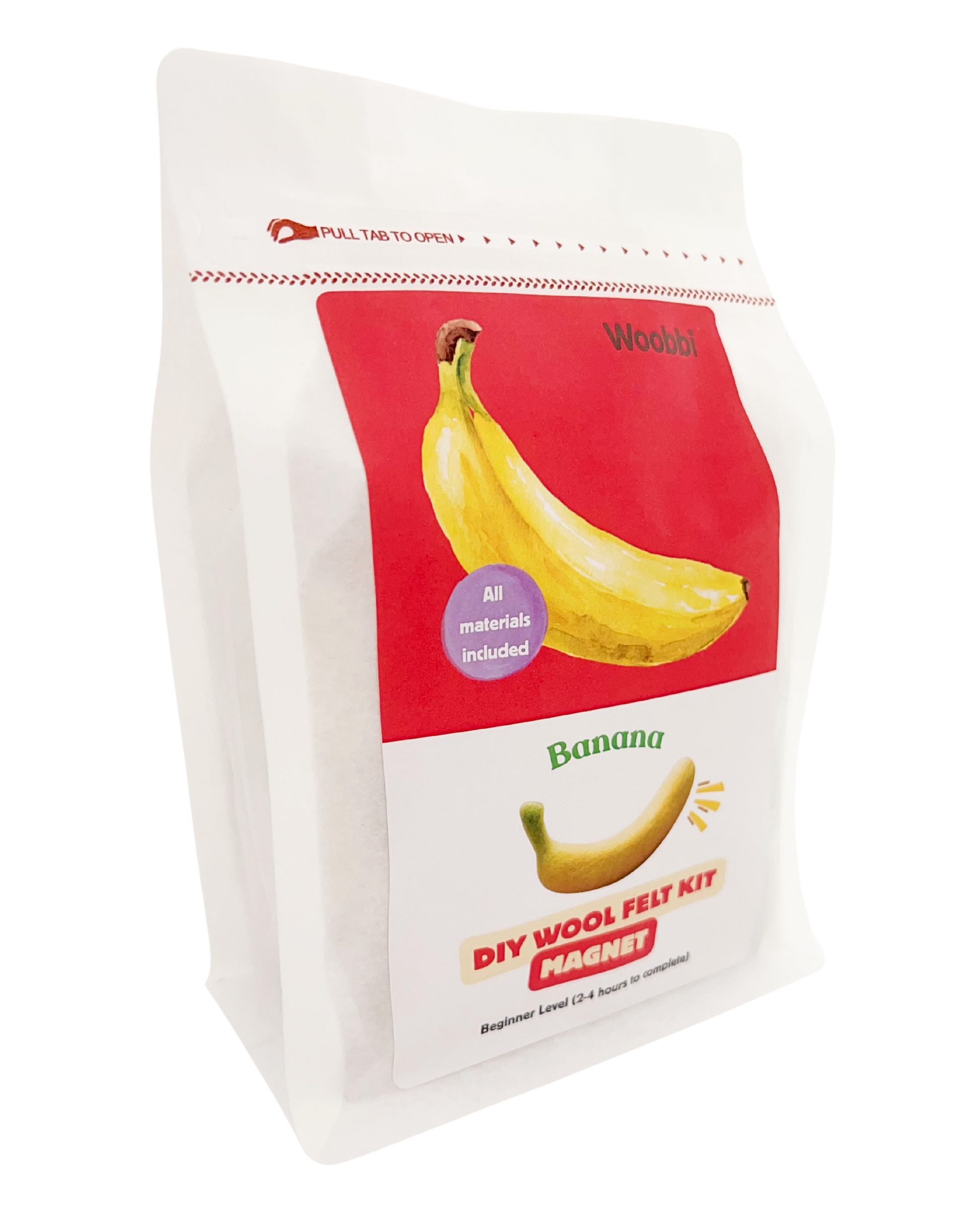 banana needle felting DIY wool kit by Woobbi with Australian merino wool roving and magnet project inside resealable pouch packaging