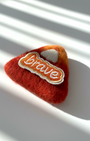 Minimalist rust red wool fridge magnet with Brave patch, handcrafted needle-felted home decor