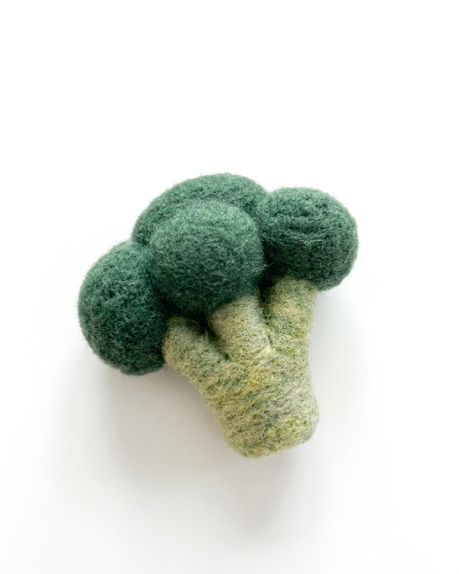 hand felted broccoli on a white background