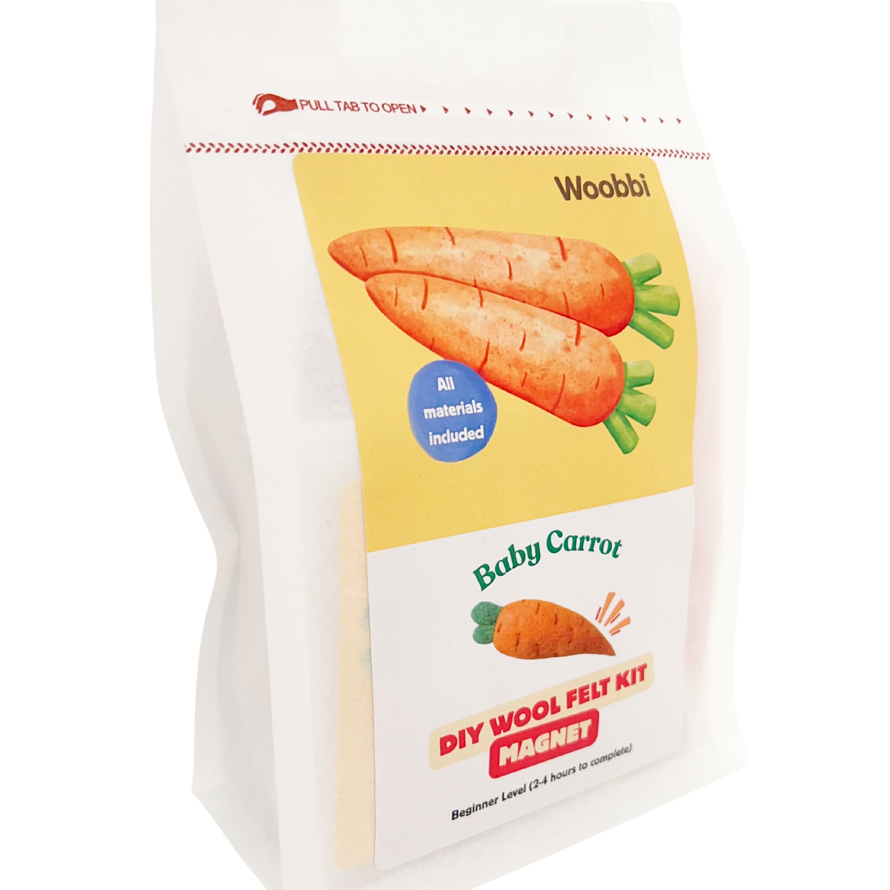 Carrot needle felting DIY wool kit by Woobbi with Australian merino wool roving and magnet project inside resealable pouch packaging