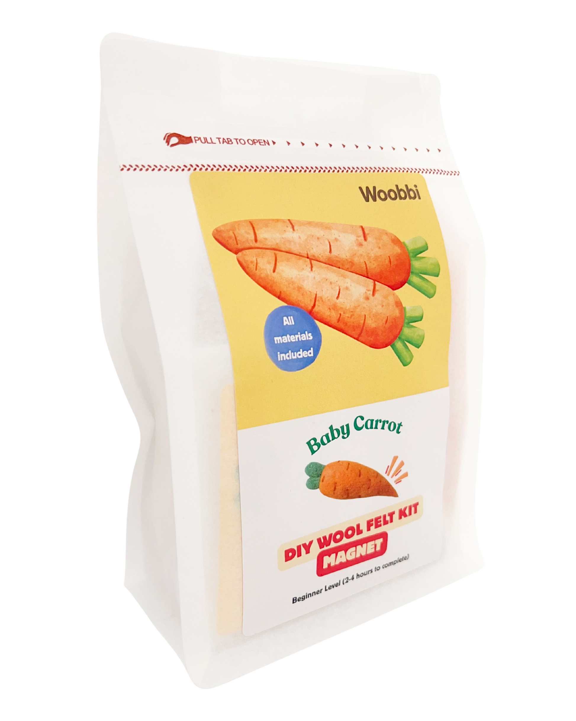 Carrot needle felting DIY wool kit by Woobbi with Australian merino wool roving and magnet project inside resealable pouch packaging