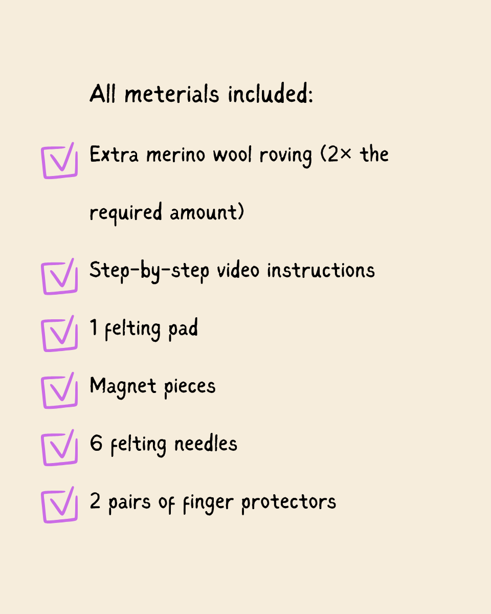 Needle felting DIY kit materials included checklist with extra merino wool roving, video instructions, felting pad, magnet pieces and needles