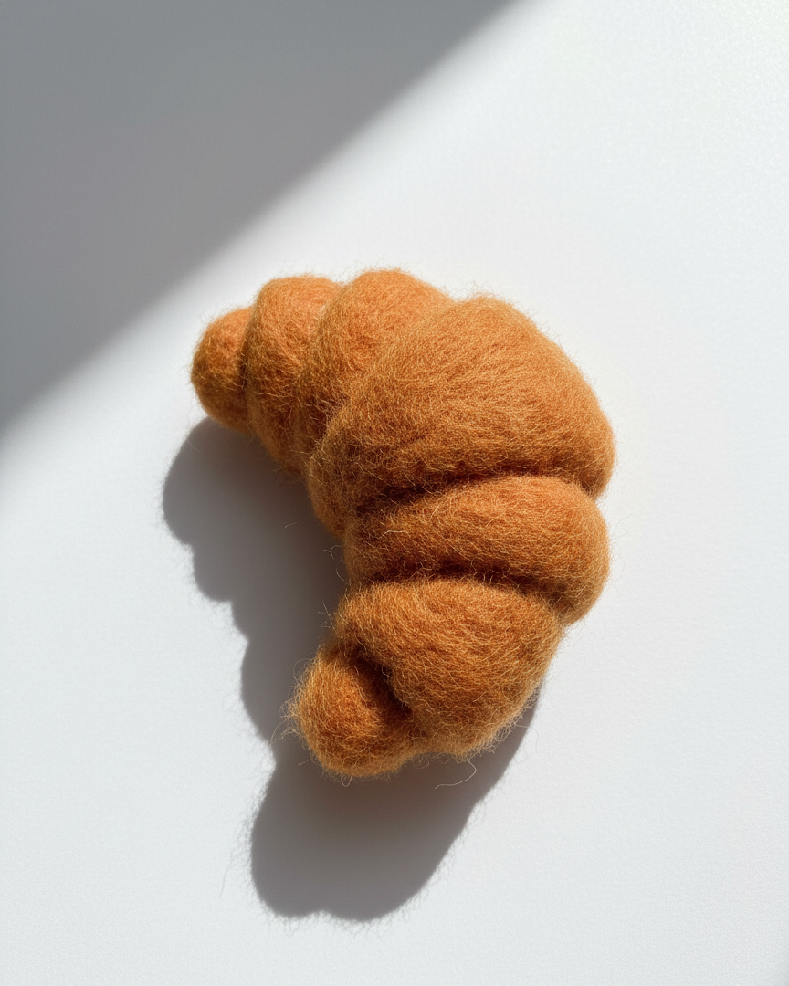 Needle-felted wool croissant magnet shown at an angle with natural light and shadow