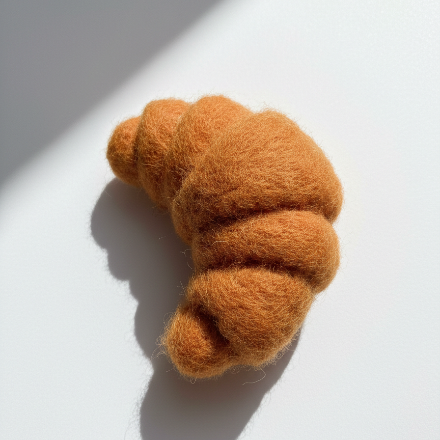 Needle-felted wool croissant magnet shown at an angle with natural light and shadow