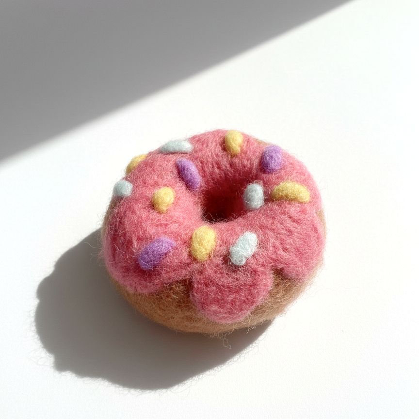 Pink donut wool magnet with sprinkle details, handmade needle-felted food magnet