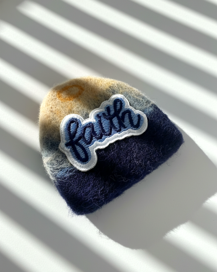 Minimalist navy wool fridge magnet with Faith patch, handmade needle-felted home decor