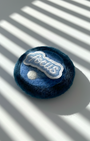 Minimalist blue wool fridge magnet, round needle-felted merino wool with Focus patch, modern handmade home decor