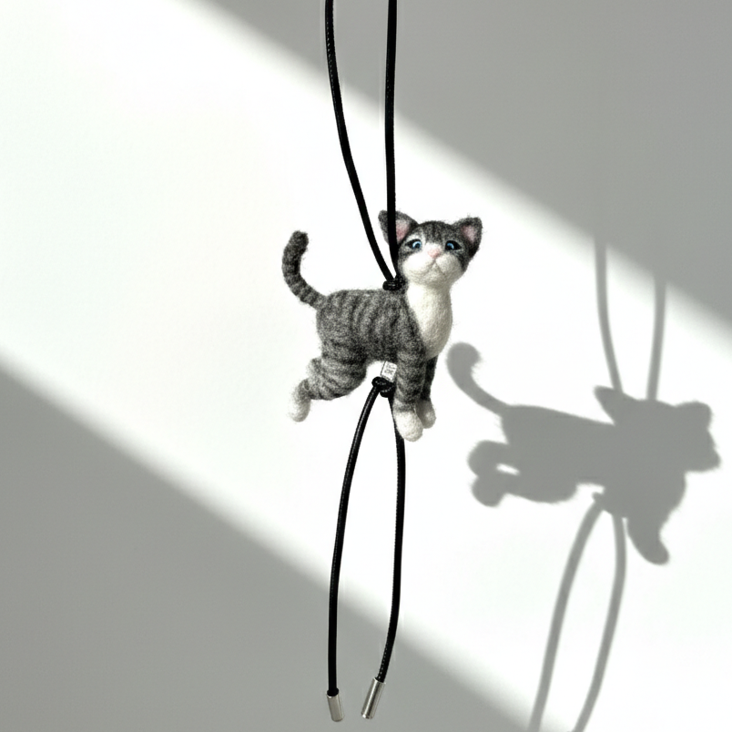 Full view of handmade realistic gray tabby cat wool sculpture charm hanging from black leather strap