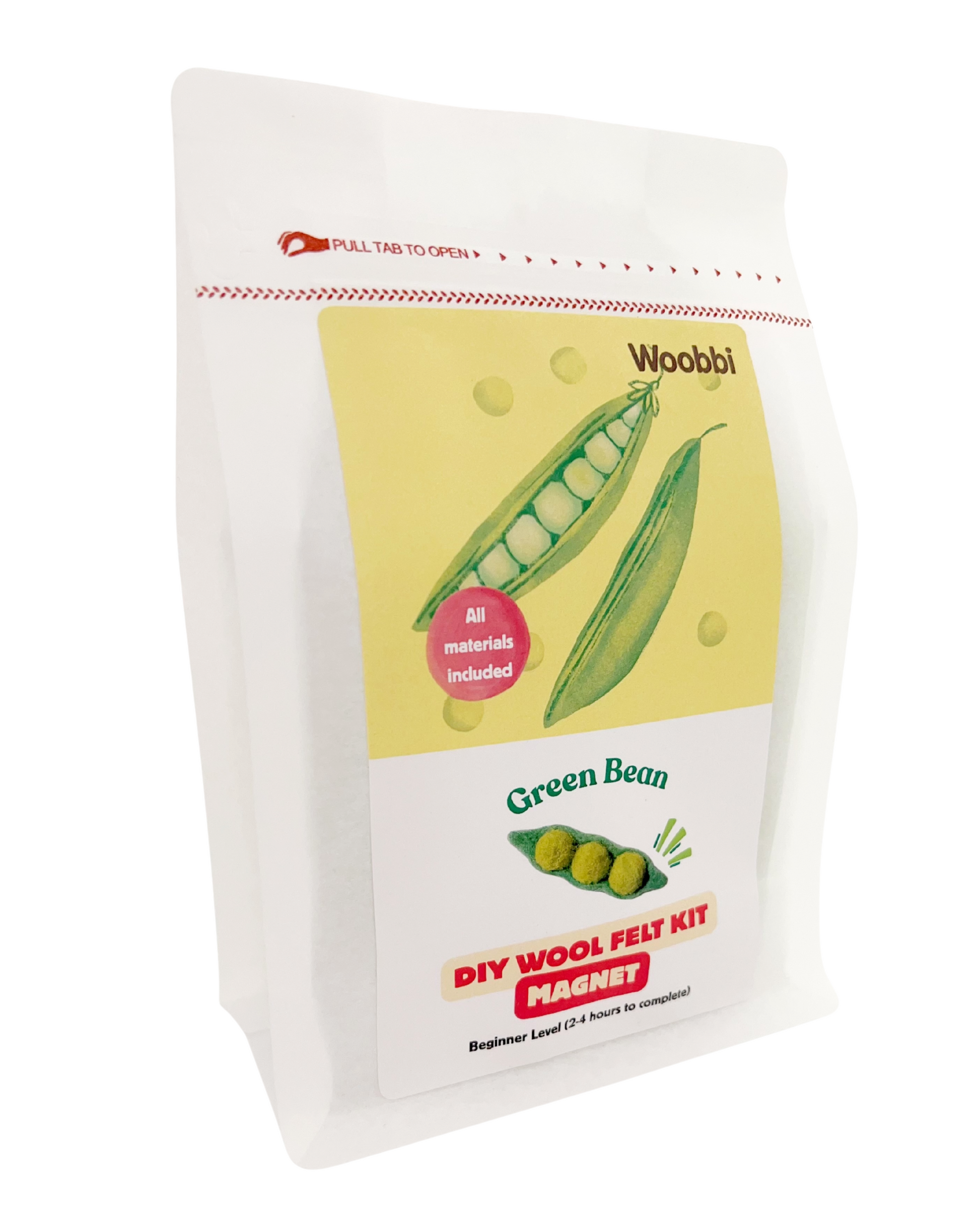 Green bean needle felting DIY wool kit by Woobbi with Australian merino wool roving and magnet project inside resealable pouch packaging