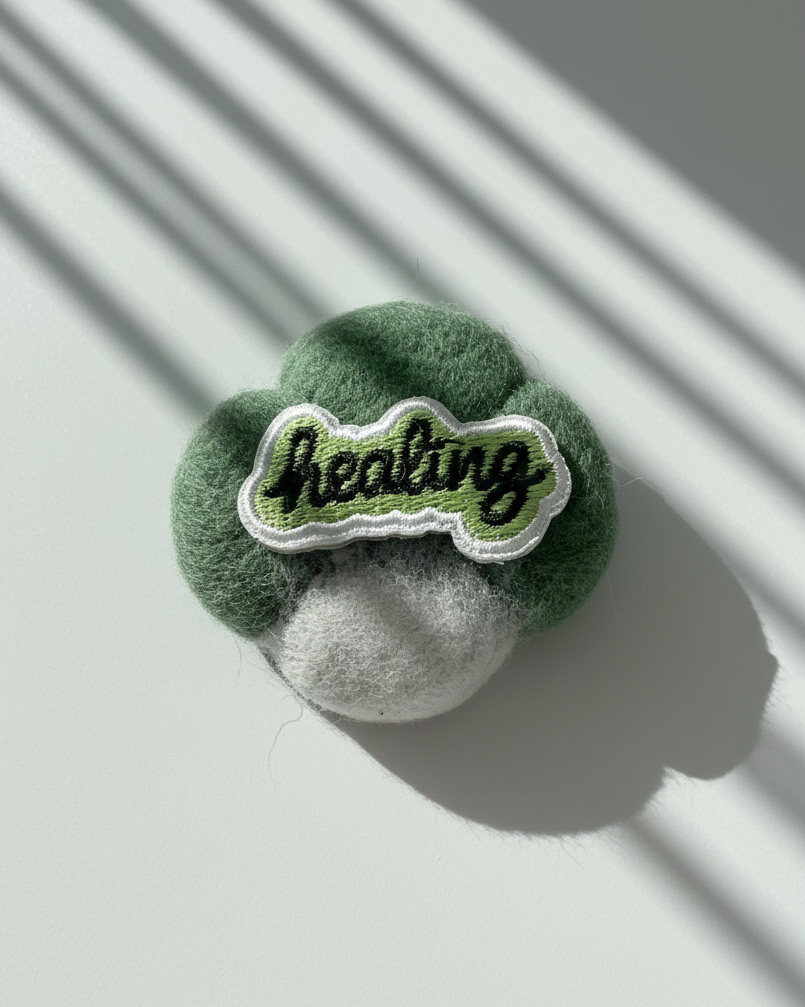 Handmade green wool fridge magnet with embroidered Healing patch, needle-felted merino wool decor