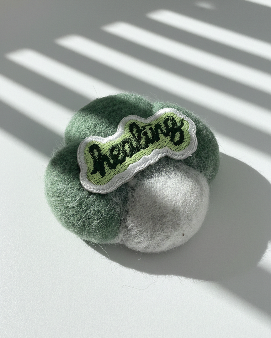 Green needle-felted wool magnet with Healing embroidery patch, soft rounded clover shape
