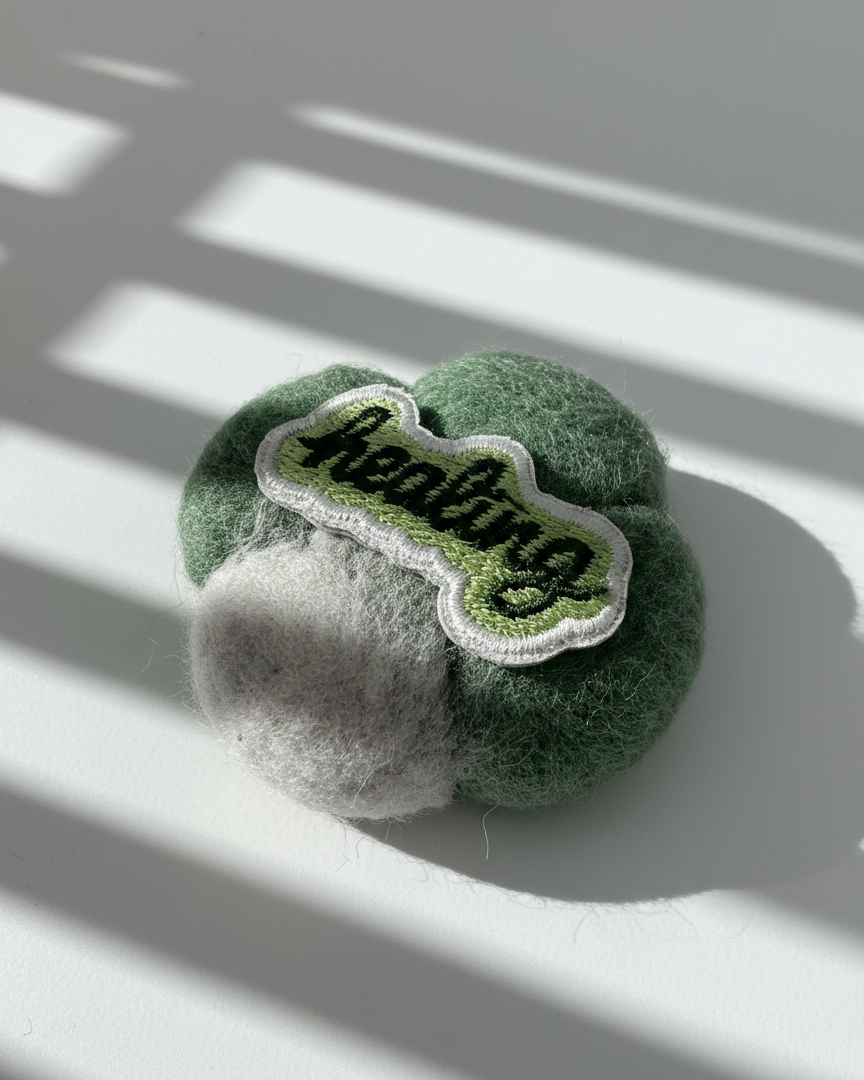 Handcrafted merino wool fridge magnet in green and gray tones with stitched Healing patch