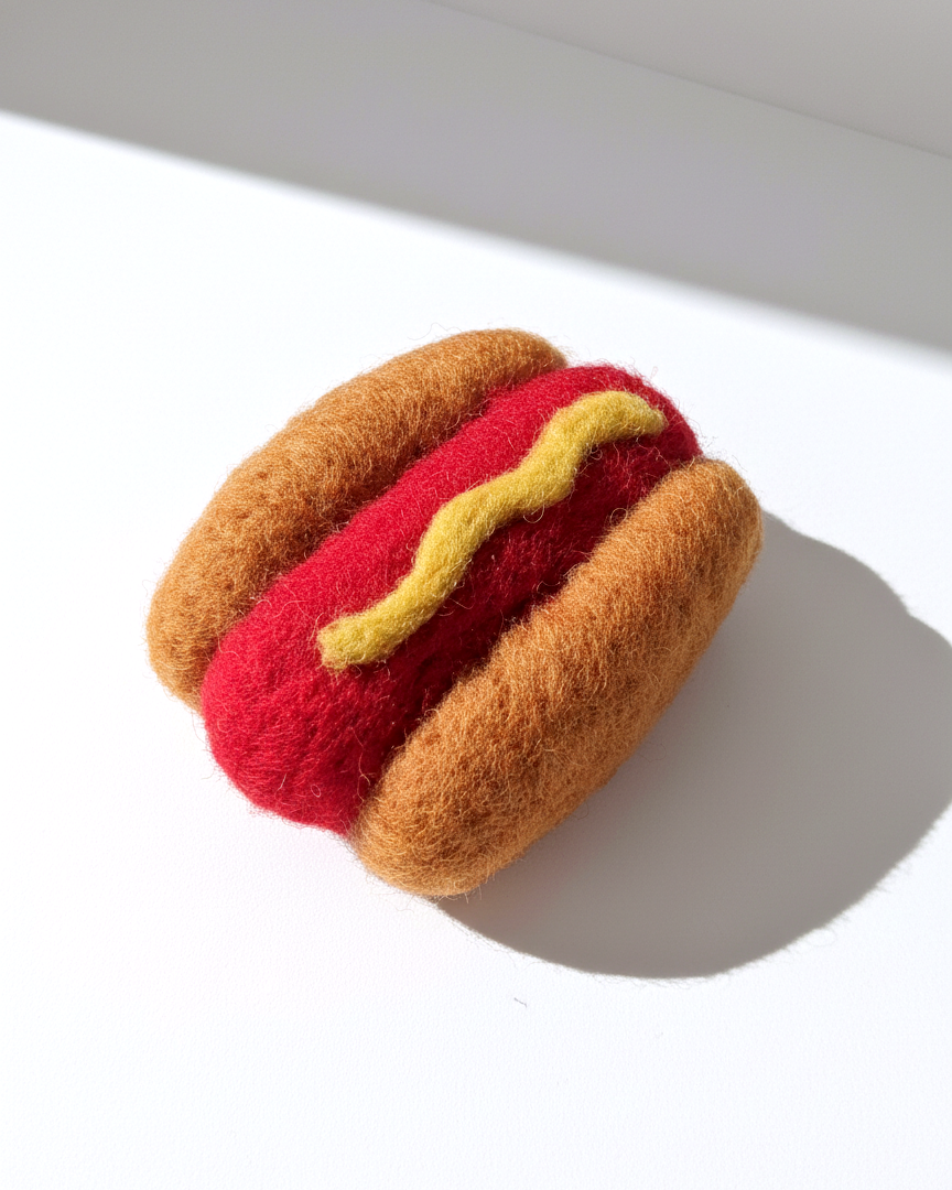 Small handmade wool hot dog magnet with needle-felted bun and sausage detail