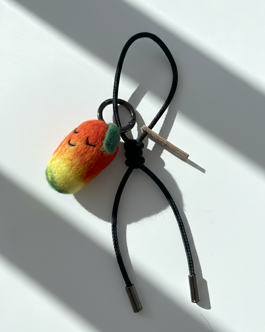 Artisan felted mango accessory with black leather cord and silver hardware