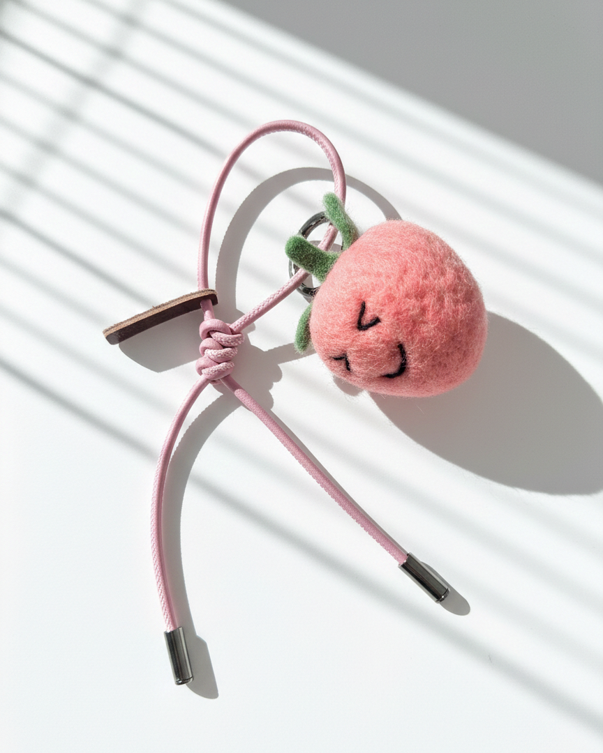 Blush pink wool felt strawberry charm with pink leather loop strap, handmade needle felt fruit accessory photographed in modern studio sunlight