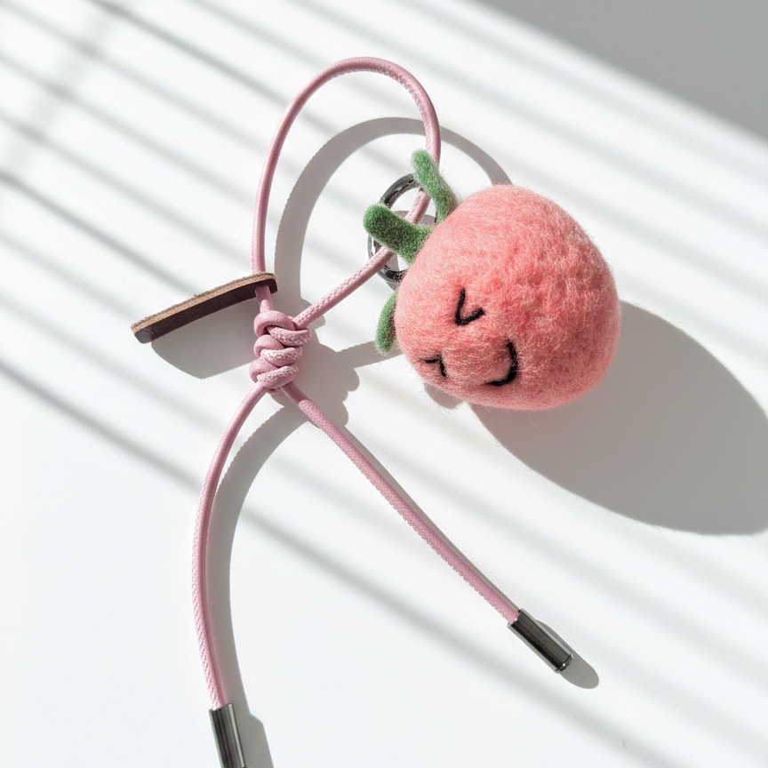 Blush pink wool felt strawberry charm with pink leather loop strap, handmade needle felt fruit accessory photographed in modern studio sunlight