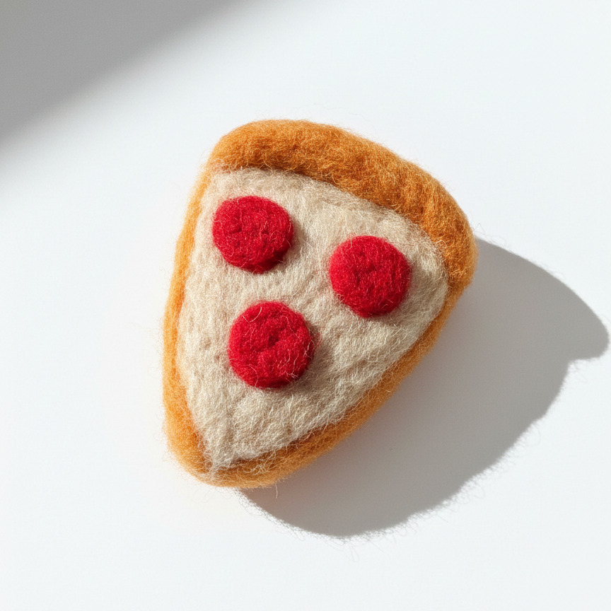 Handmade wool pepperoni pizza slice fridge magnet, needle-felted with soft texture on white background