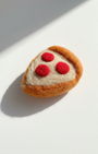 Needle-felted wool pepperoni pizza slice magnet shown at an angle with natural light and shadow