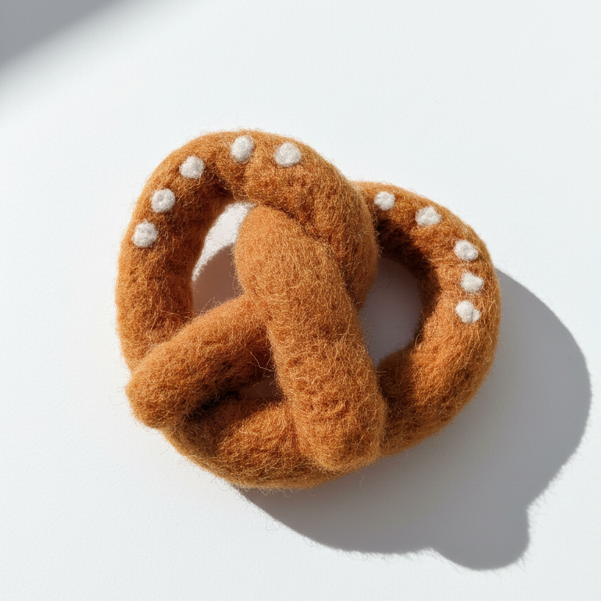 Needle-felted pretzel magnet made from natural wool with classic pretzel shape