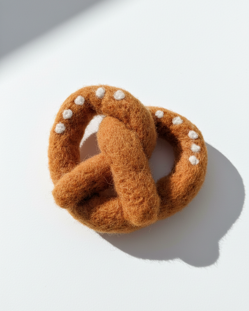 Needle-felted pretzel magnet made from natural wool with classic pretzel shape