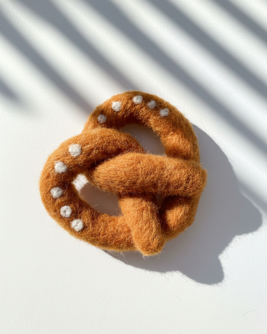 Handcrafted wool pretzel magnet featuring twisted design and subtle salt details