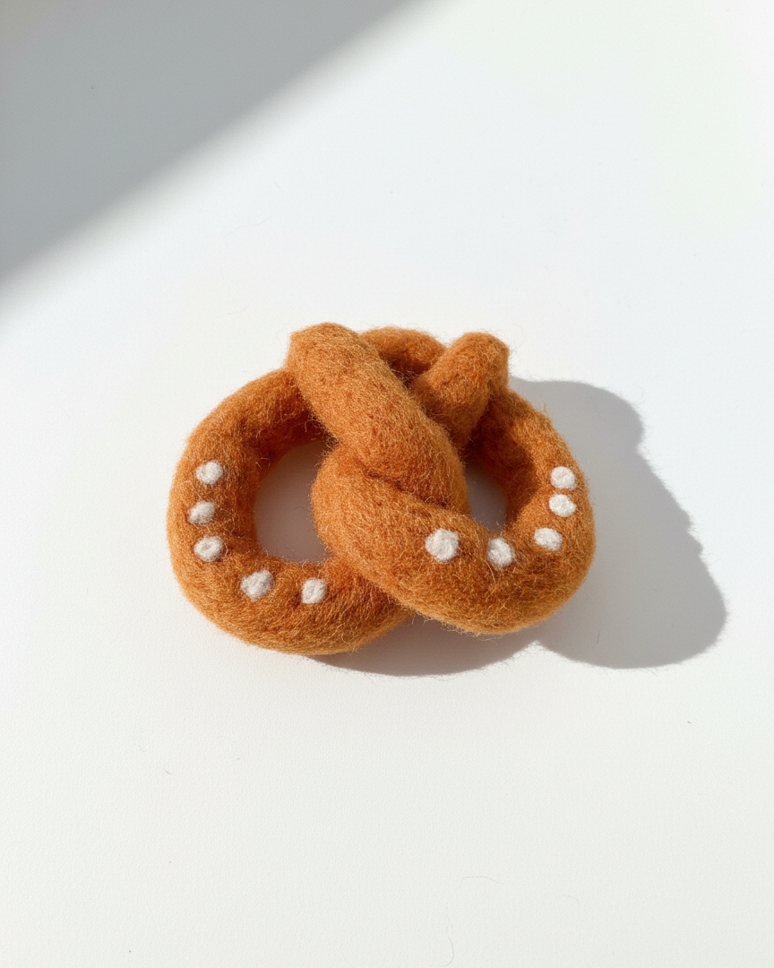 Handmade pretzel wool magnet, needle-felted with twisted form and warm baked tones