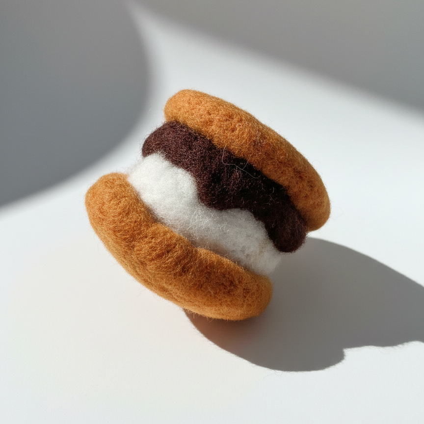 Handmade s’more wool magnet, needle-felted with chocolate and marshmallow layers