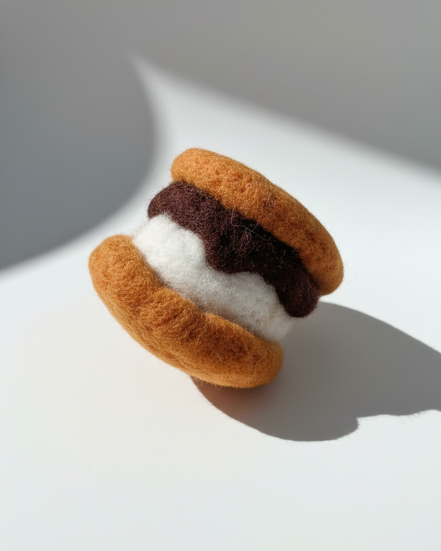 Handmade s’more wool magnet, needle-felted with chocolate and marshmallow layers