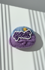 Handmade wool fridge magnet in purple and blue tones with embroidered Spirit patch and star detail, needle-felted merino wool