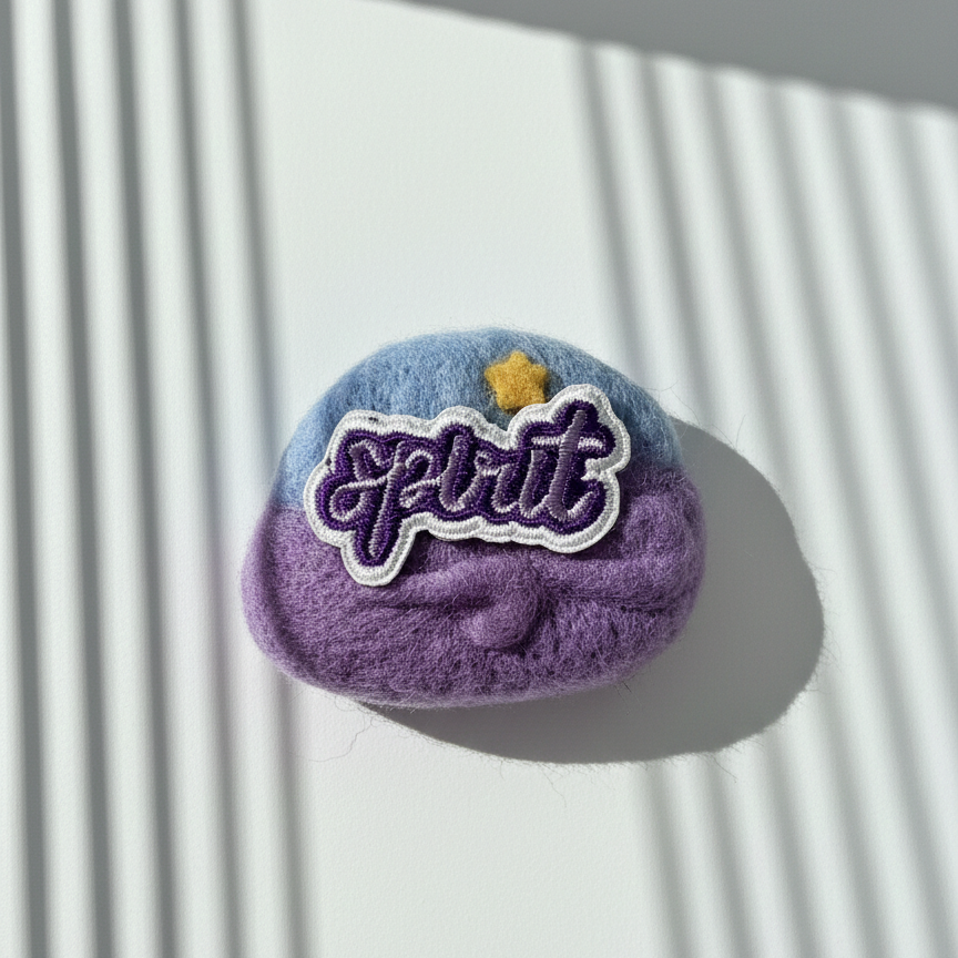 Handmade wool fridge magnet in purple and blue tones with embroidered Spirit patch and star detail, needle-felted merino wool