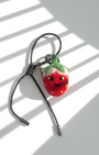 Cute wool felt strawberry slice bag charm with olive leather strap, handmade fruit keychain