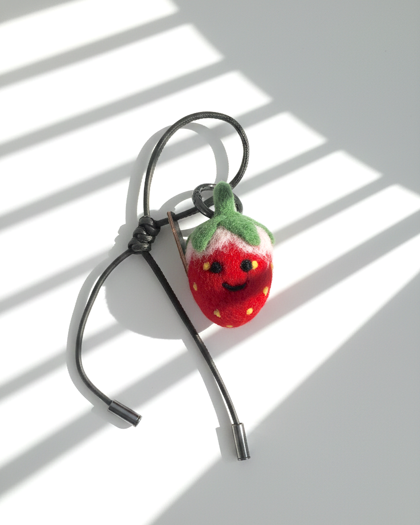Cute wool felt strawberry slice bag charm with olive leather strap, handmade fruit keychain